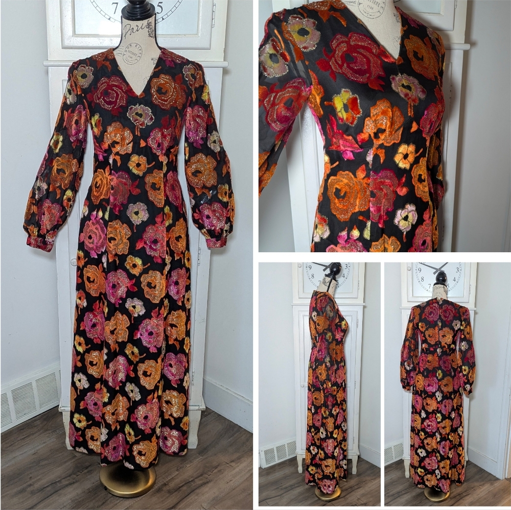 Vintage Floral Maxi Dress- Textured Velvet/Chenille & Gold Detail